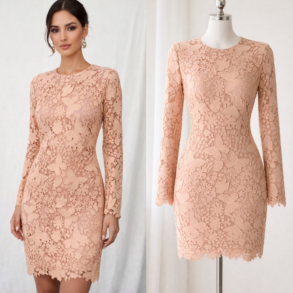 NBD Mauve Blush Butterfly Floral Crochet Lace Long Sleeve Dress Romantic Pastel